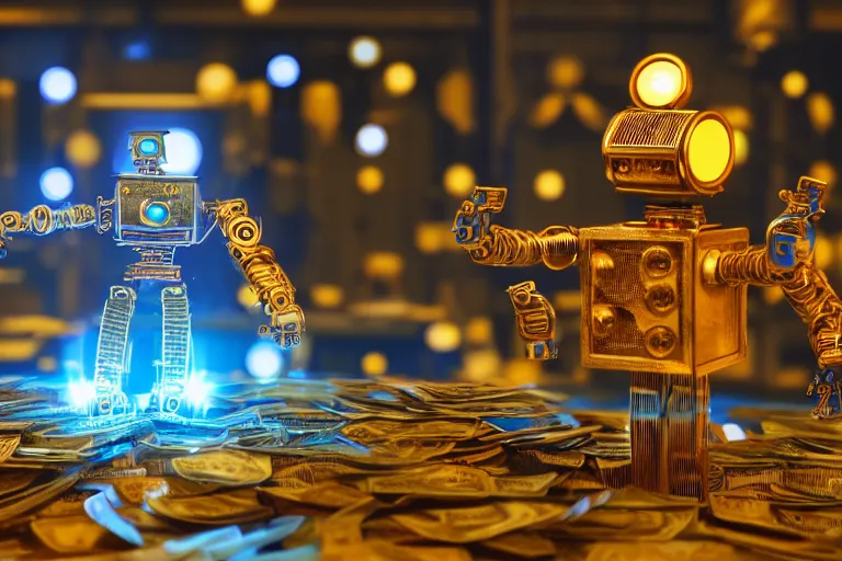 Prompt: photo of a golden and blue metal steampunk office robot with gears and tubes sitting in an office, on the office table and floor is a mountain of money bills, eyes are glowing red lightbulbs, moneybills all over the place, shiny crisp finish, 3 d render, 8 k, insaneley detailed, fluorescent colors, background is multicolored lasershow