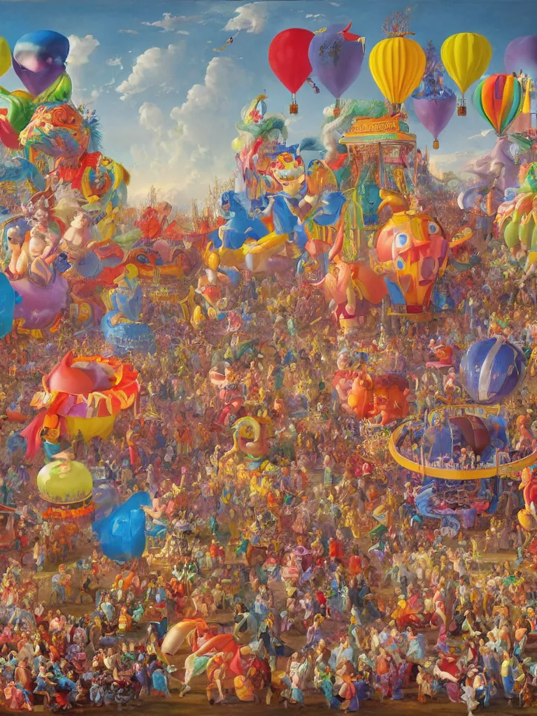 Prompt: a beautiful painting of a carnival with enormous balloon monsters, by jonas burgert, fallas party figures, realistic colors