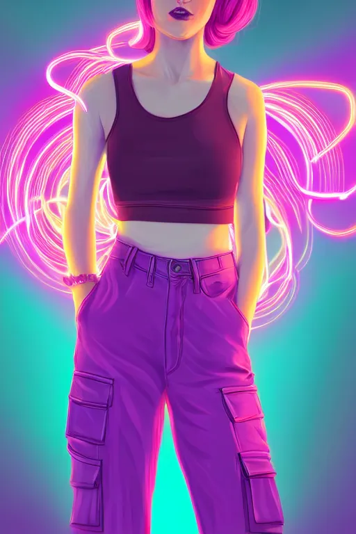 Image similar to a award winning half body portrait of a beautiful woman in a croptop and cargo pants with ombre purple pink teal hairstyle surrounded by whirling illuminated lines, outrun, vaporware, shaded flat illustration, digital art, trending on artstation, highly detailed, fine detail, intricate