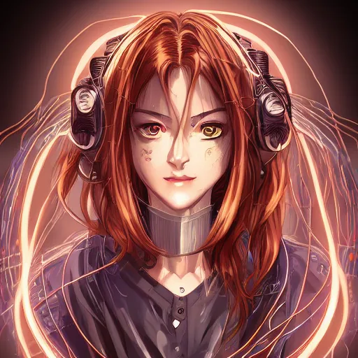 Image similar to Female mage, beautiful face, excited expression, brown flowing hair, symmetrical features, medical background, headshot, cyberpunk, luminescent, wires, cables, gadgets, Digital art, detailed, anime, artist Katsuhiro Otomo