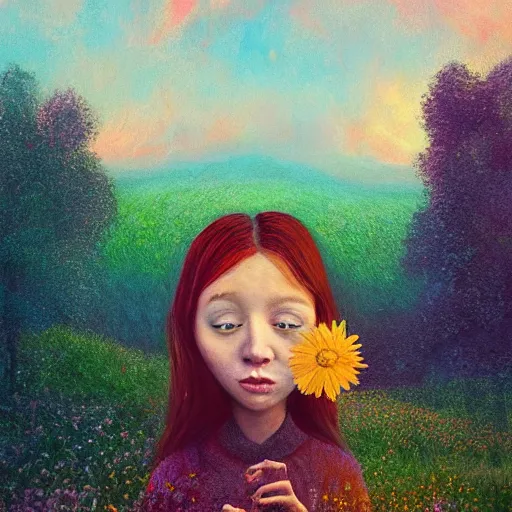 Prompt: girl with a giant flower as a face, surreal photography, dream, standing in flower field, hills, big trees, sunrise dramatic light, impressionist painting, colorful clouds, digital painting, pointillism, artstation, simon stalenhag, flower face