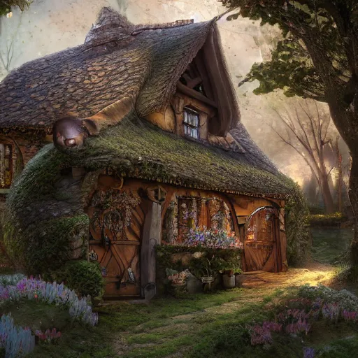 Image similar to a medieval hobbit house, ornate, beautiful, atmosphere, vibe, flowers, concept art illustration, color page, 4 k, tone mapping, doll, akihiko yoshida, james jean, andrei riabovitchev, marc simonetti, yoshitaka amano, digital illustration, greg rutowski, volumetric lighting, sunbeams, particles