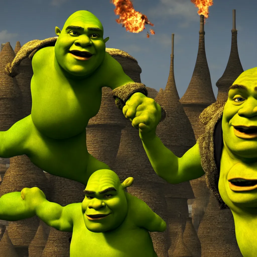 Image similar to shrek punching nuclear chimneys, destruction, chaos, 4 k, realistic, professional photography