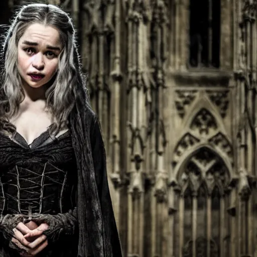 Image similar to emilia clarke as a goth temptress in a gloomy gothic cathedral at night