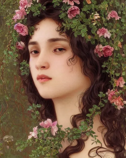 Image similar to 3 / 4 portrait, young male spring god, brown skin, dark hair, dress made of flowers and vines, beautiful, flowers, detailed field background, jewelry, artstation, artgerm, eerie, alphonse mucha, william bouguereau, rossdraws, greg rutkowski, super detailed, illustration, realistic, octane render, sharp focus, cinematic, 8 k