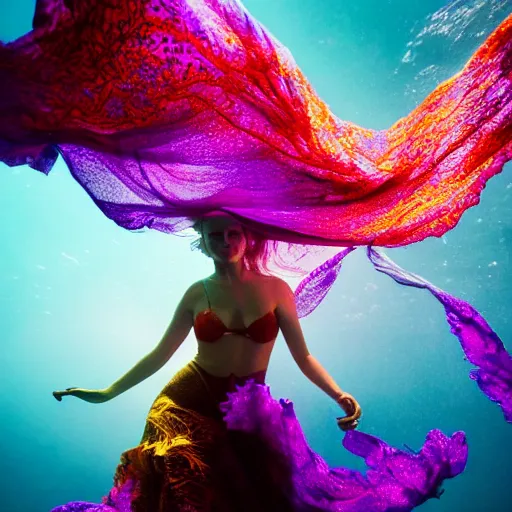 Image similar to woman dancing underwater wearing a flowing dress made of many translucent layers of blue, magenta, and yellow lace seaweed, delicate coral sea bottom, swirling silver fish, swirling smoke shapes, unreal engine, caustics lighting from above, cinematic, hyperdetailed