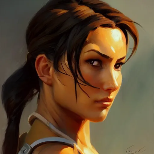 Image similar to greg manchess portrait painting of partially armored lara croft as overwatch character, close - up shot, asymmetrical, profile picture, organic painting, sunny day, matte painting, bold shapes, hard edges, street art, trending on artstation, by huang guangjian and gil elvgren and sachin teng