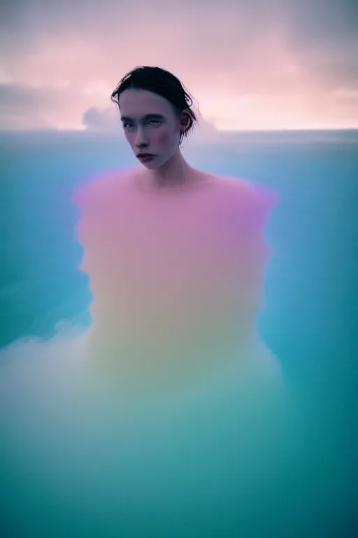 Image similar to high quality pastel coloured film close up wide angle photograph of a model wearing clothing swimming on cloud furniture in a icelandic black rock!! environment in a partially haze filled dreamstate world. three point light, rainbow. photographic production. art directed. pastel colours. volumetric clouds. pastel gradient overlay. waves glitch artefacts. extreme facial clarity. 8 k. filmic.