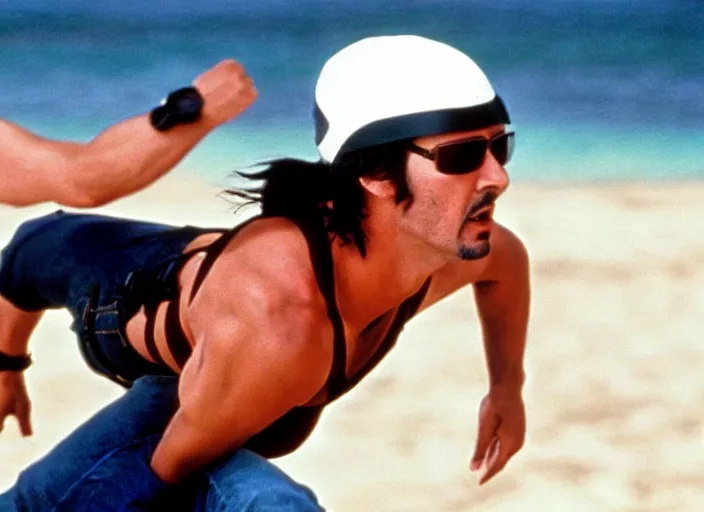 Image similar to film still of Keanu Reeves as Maverick playing beach volleyball in Top Gun 1986