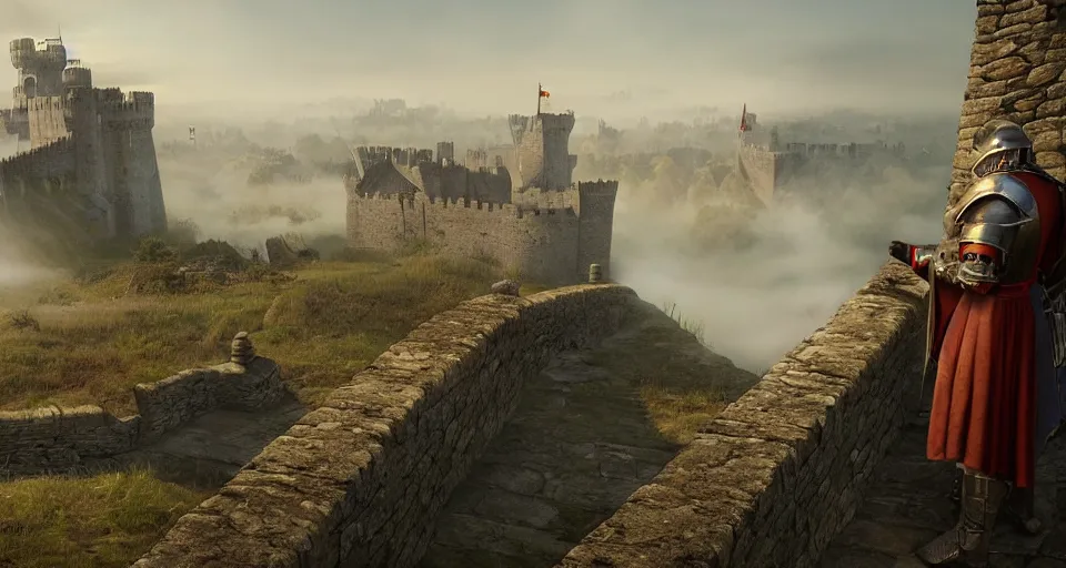 Prompt: ten medieval soldiers atop a castle wall looking over a vast medieval kingdom rule by an evil king. it is a quiet morning. mist, epic, cinematic, volumetric lighting, fantasy style, highly - detailed, unreal 5, realism