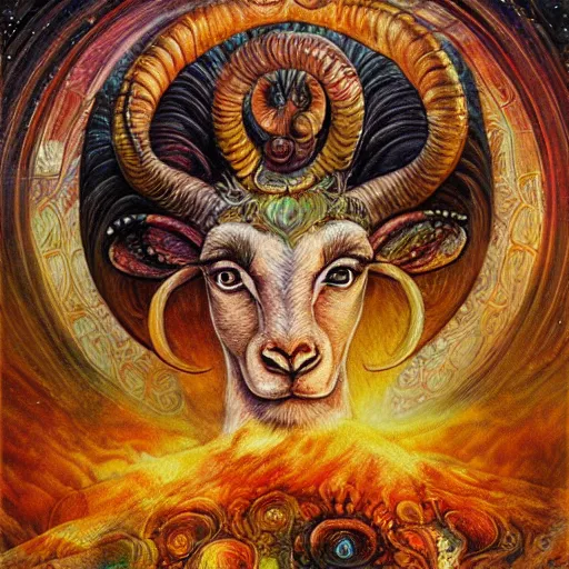 Image similar to horned ram goddess aries by josephine wall, trending on artstation, checking her phone, erupting volcano in distance, flowers in foreground, sunset, stars in sky, fantasy, zodiac, 8 k