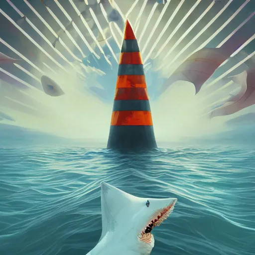 Image similar to broken orange and white striped traffic cone filled with shark teeth, ocean background detailed atmospheric - ron cheng & alphonse mucha, highly detailed, digital painting, ray tracing, concept art, illustration, smooth sharp focus, intricate, symmetry, artstation,