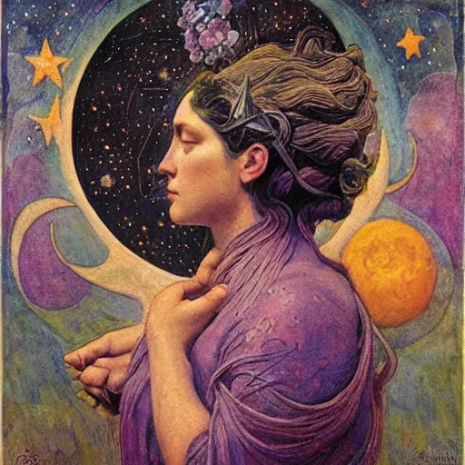 Image similar to queen of the moon with stars in her hair, by annie swynnerton and tino rodriguez and nicholas roerich and lucien freud and jean delville, dramatic lighting, floral tattoos, rich colors, smooth sharp focus, extremely detailed, adolf wolfli