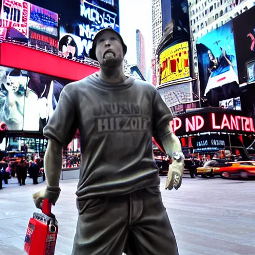 Image similar to limp bizkit fred durst statue in the middle of nyc time square, realistic, real photograph, real event, hddr,