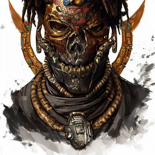 Prompt: a golden skull face african warrior with dreadlocks, Apex Legends character digital illustration portrait design, by android jones, detailed, cinematic lighting, wide angle action dynamic portrait