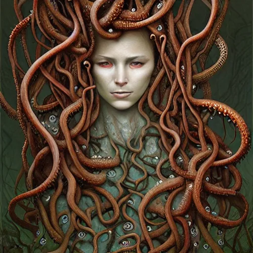 Prompt: very detailed portrait of a 2 0 years old girl surrounded by tentacles, the youg woman visage is blooming from fractal and vines, painted by esao andrews and karol bak and zdzislaw beksinski and zdzisław beksinski