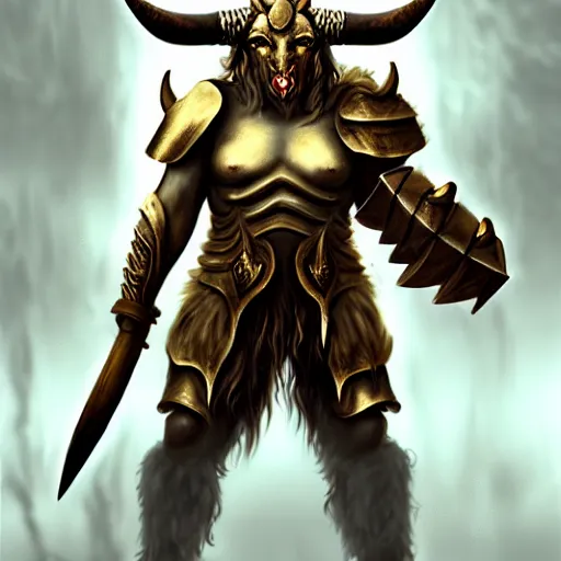 Image similar to Giant minotaur humanoid beast warrior with two handed axe, horned helmet, concept art, heavy white and golden armor, giant horns, portrait, dungeons and dragons, hyperrealism, high details, digital painting, dark fantasy