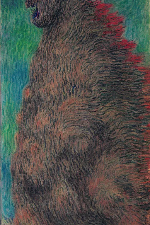 Image similar to shinzo abe head on Godzilla painting by claude monet