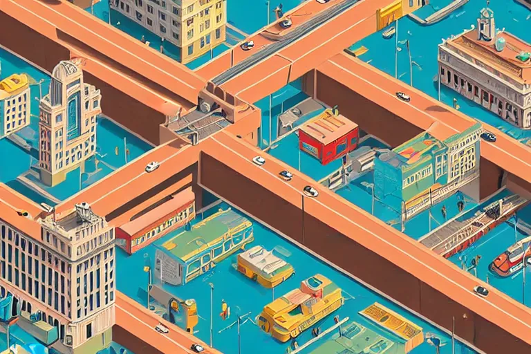 Image similar to highly detailed isometric illustration of a city scape by Wes Anderson, hyperrealistic, photorealistic, artstyle, highly detailed, sharp