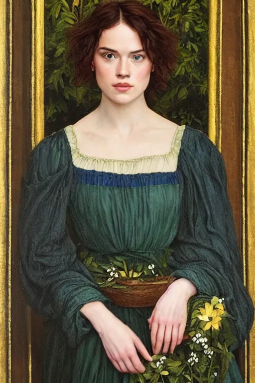Image similar to a pre raphaelite painting of daisy ridley by dante gabriel rossett