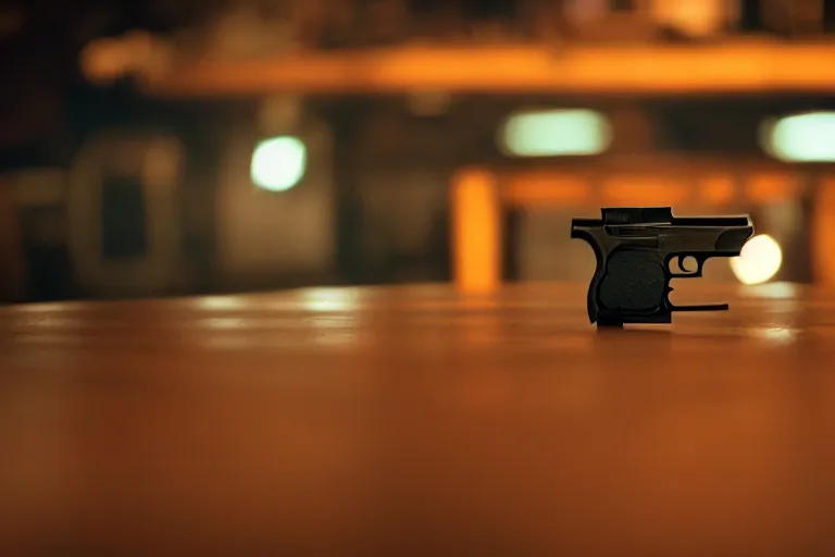 Image similar to film still of closeup pistol taped under table, cinematic, moody, gritty neon noir by emmanuel lubezki