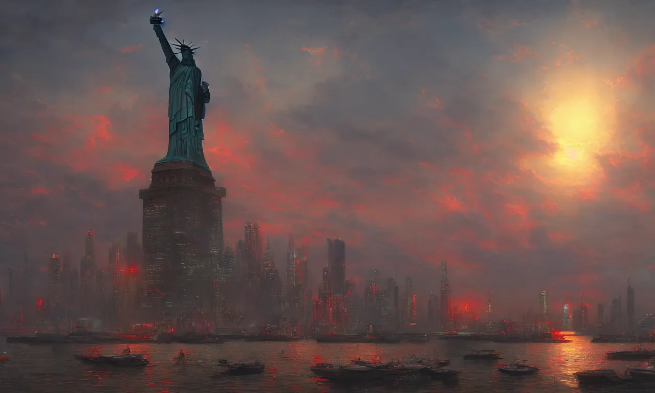 Image similar to giant harbor robot statue of liberty looking over the harbor, by asher brown durand, trending on artstation, 8 k resolution, red lights, cyberpunk, demonic symbols