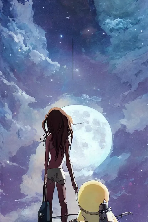 Image similar to a full moon containing the glimmering stairways to otherworldly galaxies, high intricate details, rule of thirds, golden ratio, cinematic light, anime style, graphic novel by fiona staples and dustin nguyen, by beaststars and orange, peter elson, alan bean, studio ghibli, makoto shinkai