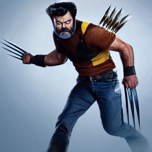 Image similar to logan wolverine pictured as nick offerman in x - men suit, imdb, marvel movie still, detailed 8 k, poster style, deviantart and artstation top picks