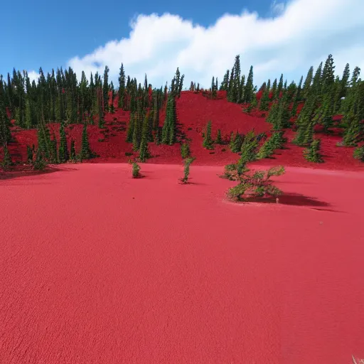 Prompt: trees spawned in mid-air leave red sand on the ground below.