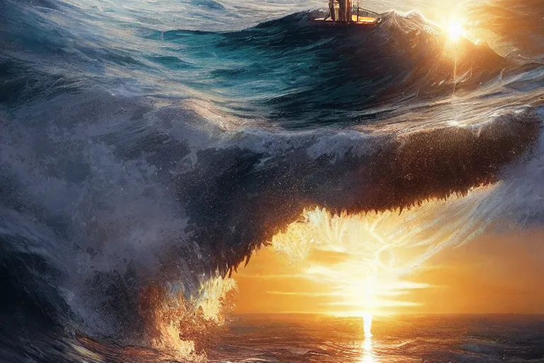 Image similar to detailed intricate digital illustration by greg rutkowski and artgerm and wlop and sanford robinson gifford ; nuclear bomb radiating bright, blinding lens flare across the horizon of a serene ocean, beautiful, glistening water and waves ; 1 3 mm film, arri alfa anamorphic lens, golden hour lighting ; sharp focus ; trending on artstation 8 k