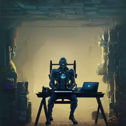 Image similar to a insanely detailed painting of a nft superhero wearing a costume, sitting at a computer desk, nervously and clicking on the mouse, in the style of peter mohrbacher, dramatic lighting and composition, trending on artstation, concept art, comic book