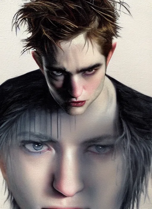 Prompt: scary shot of the sandman with pale skin and black messy hair, robert pattinson, looking back at camera in godlike and villainous way, while eyes shine like white stars above, haunting face, female face, oil painting