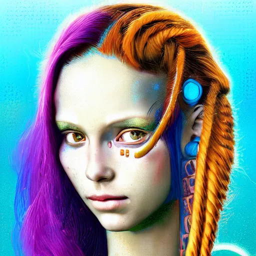 Image similar to portrait of a robot girl with long red hair and a tattoo in the style of the game cyberpunk 2 0 7 7, under water, very beautiful enga style, the girl is wrapped in color, photorealism albrecht durer george copeland ault