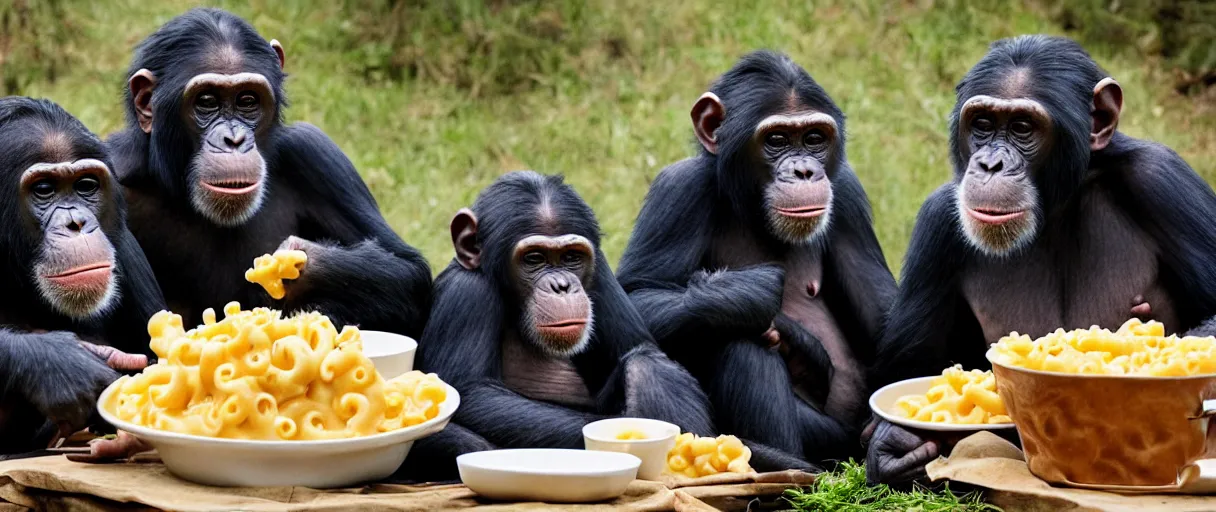 Prompt: Atmospheric still from BIG MONKEY MOUNTAIN (2022) depicting the chimpanzees meeting with the Macaroni and Cheese King