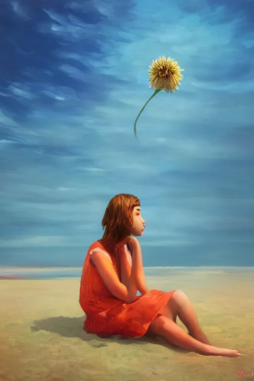 Prompt: closeup giant dahlia flower head, girl sitting on beach, surreal photography, blue sky, sunrise, dramatic light, impressionist painting, digital painting, artstation, simon stalenhag