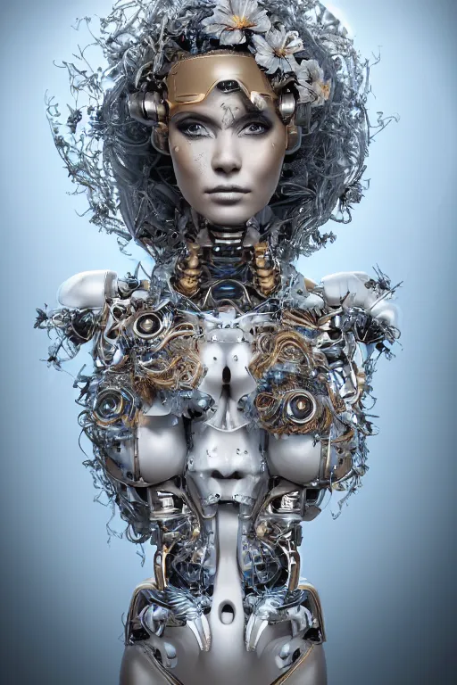 Image similar to a beautiful intricate fine art portrait photo of a cyborg with bionic implants, epic wavy hair spread out around her lined with white hibiscus, lying on a mandala, by natalie shau and michal karcz, masterpiece!, futuristic robot body, top view, studio lighting, golden ratio composition, 3 5 mm lens, deep depth of field, artstation, 8 k