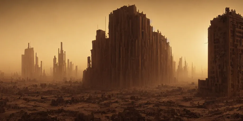 Image similar to tower!!!!!!!!, towers!!!!!!!!, babel, babylon, derelict, tall, ancient, atmospheric, beautiful, concept art, desert, civilisation, artstation, hazy, matte painting, highly detailed, volumetric lighting, rays, moody, golden hour, dawn, octane render, digital art, global illumination, city, burning