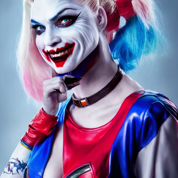 Image similar to portrait of candace swanepoel as a harley quinn in suicide squad. intricate abstract. intricate artwork. by tooth wu, wlop, beeple, dan mumford. octane render, trending on artstation, greg rutkowski very coherent symmetrical artwork. cinematic, hyper realism, high detail, octane render, 8 k, iridescent accents
