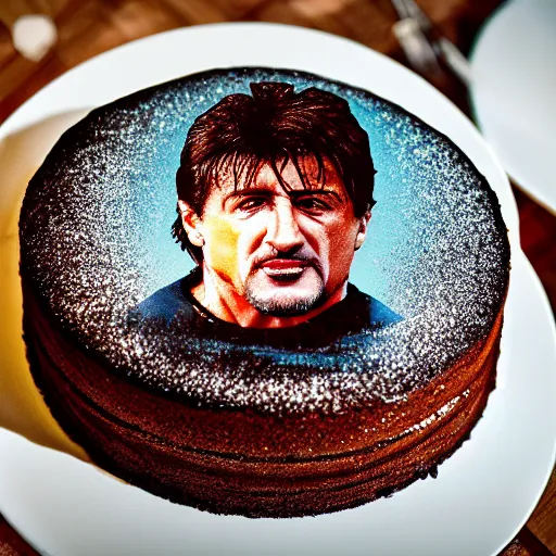 Prompt: delicious cake in shape of stallone, 8 k hd dof
