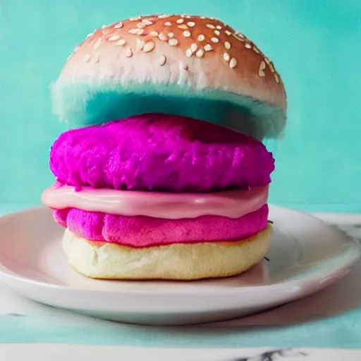 Image similar to a cotton candy burger. cyan and pink.