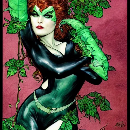 Image similar to a beautiful painting of poison ivy dressed as catwoman, leather armored, dark eyeliner, intricate, elegant, highly detailed, digital painting, artstation, concept art, matte, sharp focus, illustration, art byby rebecca guay and by arthur rackham and by alphonse mucha and by john william waterhouse, comic book style!!