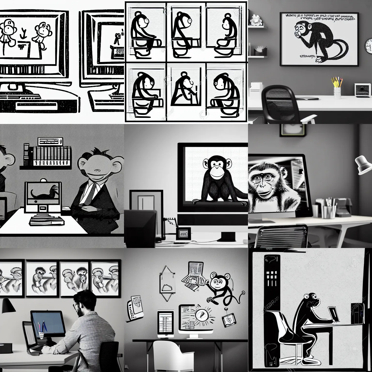 Prompt: monkey types at a desktop computer in an office, darboard on wall, sketch, comic, b&w