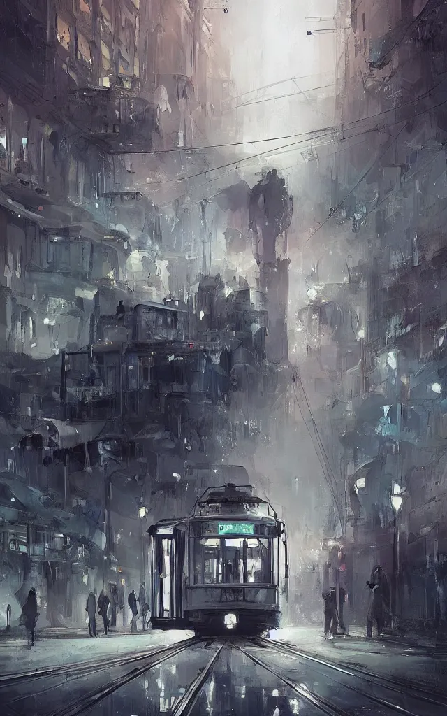 Image similar to city tram in the evening, by charlie bowater, by hazem taha hussein, by h. r. giger, by ismail inceoglu