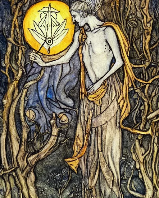 Image similar to tarot card detailed painting, illustration in style of Arthur Rackham