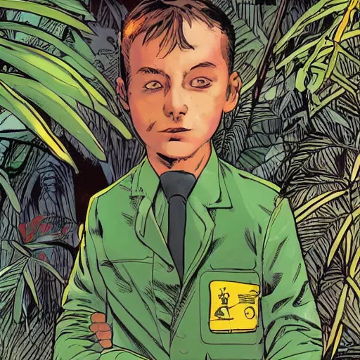 Image similar to Sergio Bleda and Jérémy Petiqueux and Alex Maleev artwork of a boy super scientist in a retro jungle explorer costume