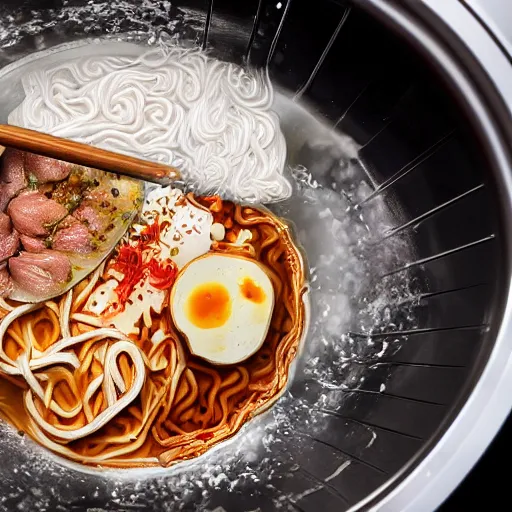 Image similar to highly detailed close up of gordon ramsay cooking ramen in a washing machine