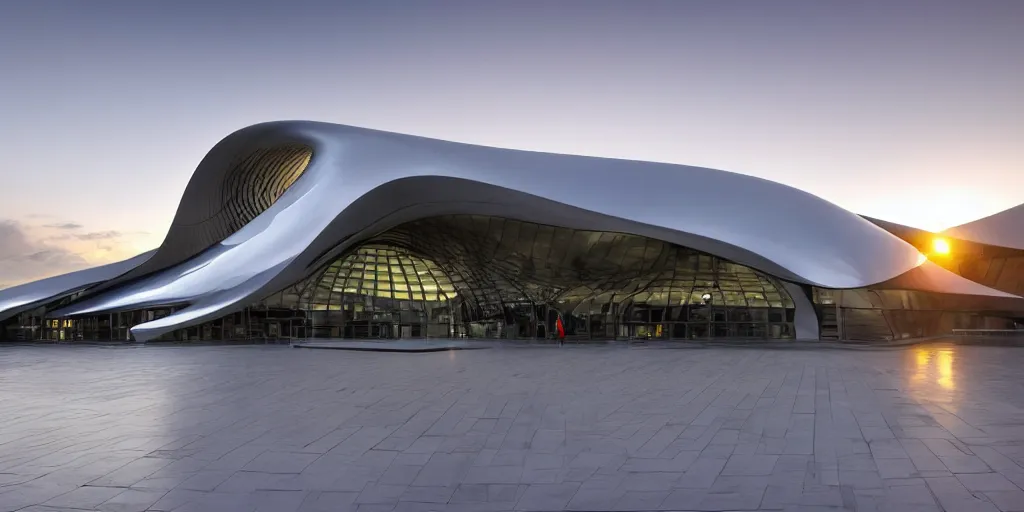 Image similar to extremely elegant smooth detailed stunning sophisticated beautiful elegant futuristic museum exterior by Zaha Hadid, smooth curvilinear design, stunning volumetric light, stainless steal, concrete, translucent material, beautiful sunset, tail lights