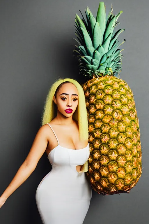 Image similar to doja cat as a dole pineapple, human face in the shape of a pineapple, professional food photography, dole pineapple