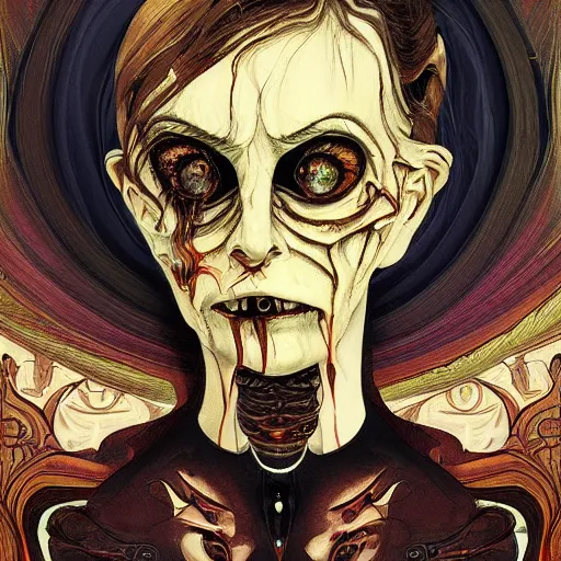 Image similar to hyperreakistic cinematic artnouveau style horrific creepy deformed portraits of layers of fear