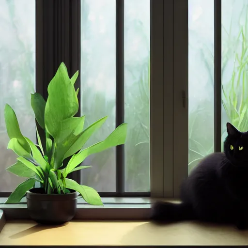 Image similar to peaceful dreamy painting of a content black cat sitting by a window, sunshine coming through the window, small plants on the window sill, 8k, hyper realism, trending on artstation, octane render